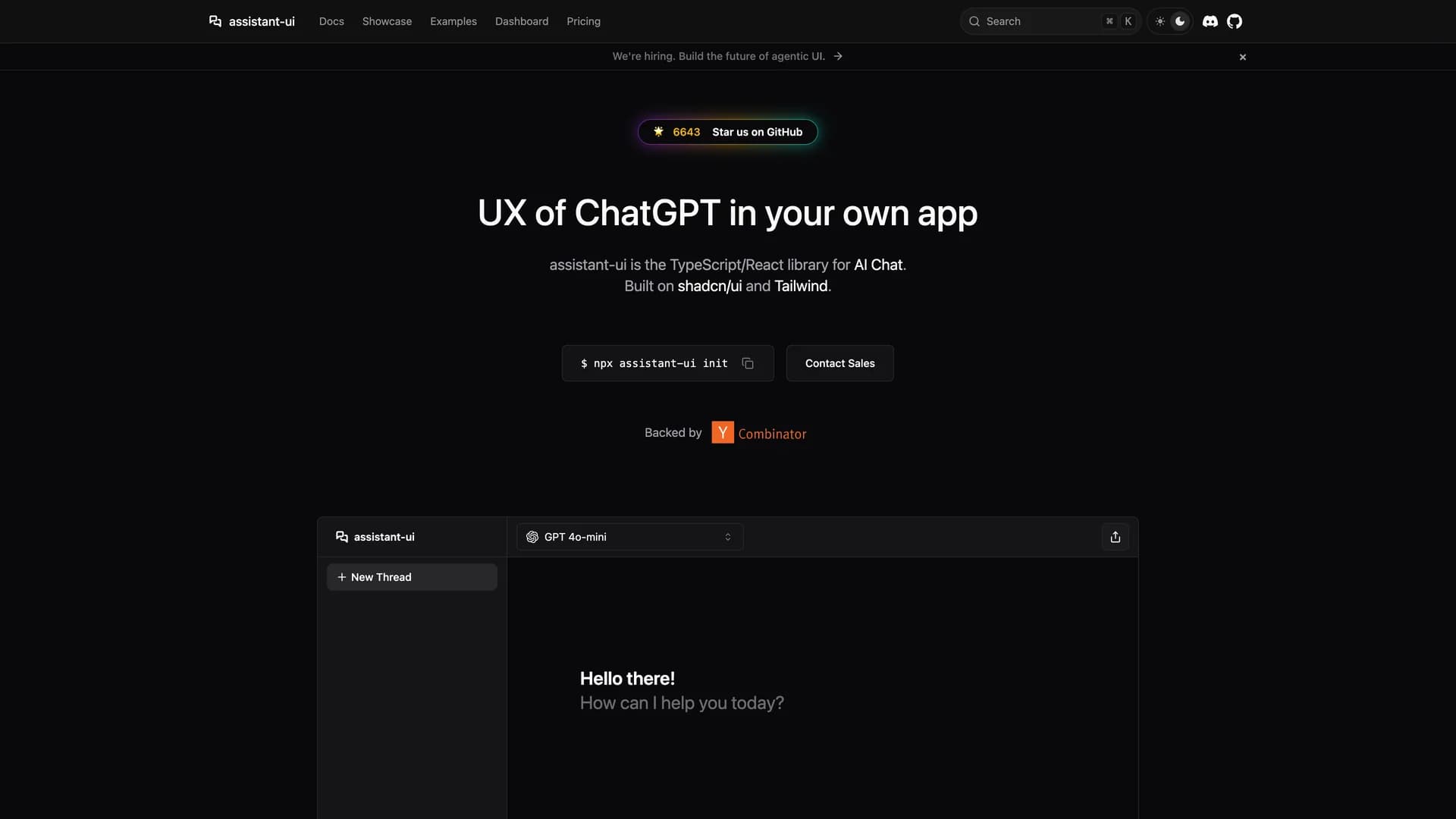 Assistant UI - shadcn/ui template screenshot showing the main interface