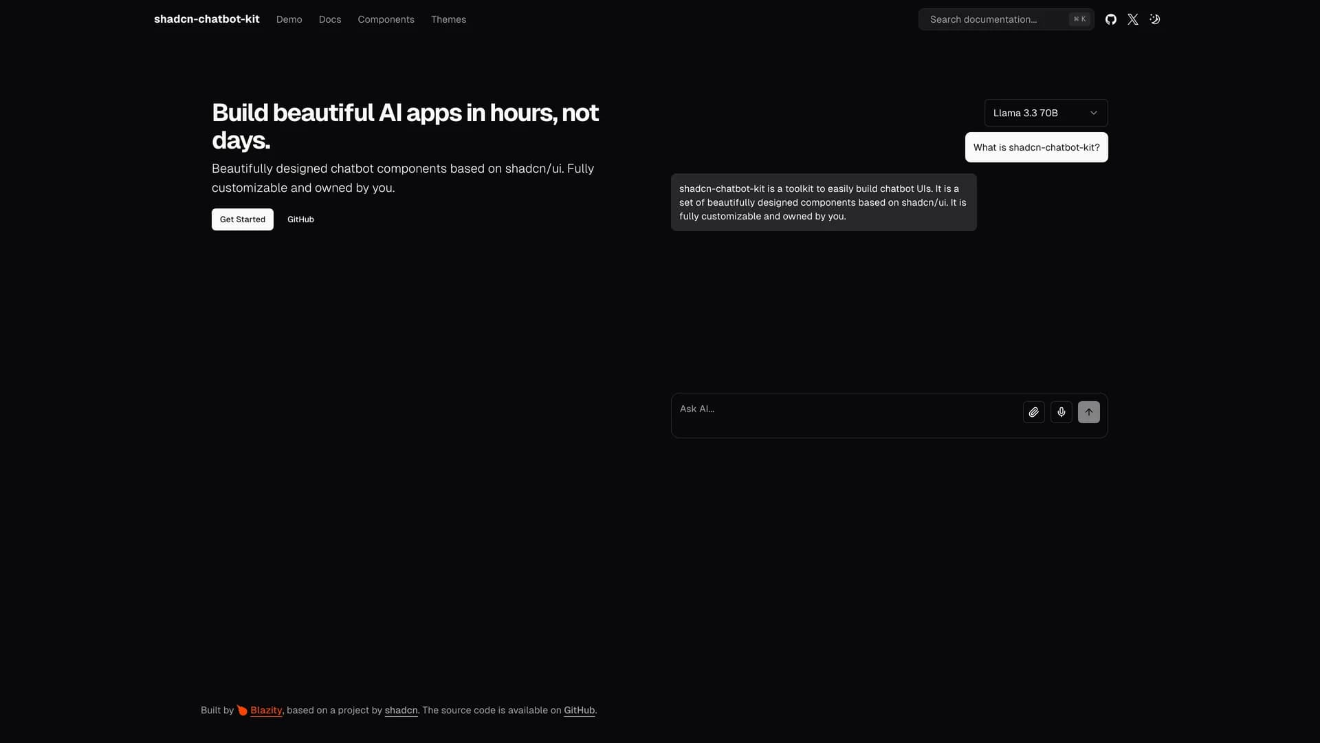 Shadcn Chatbot Kit - shadcn/ui template screenshot showing the main interface