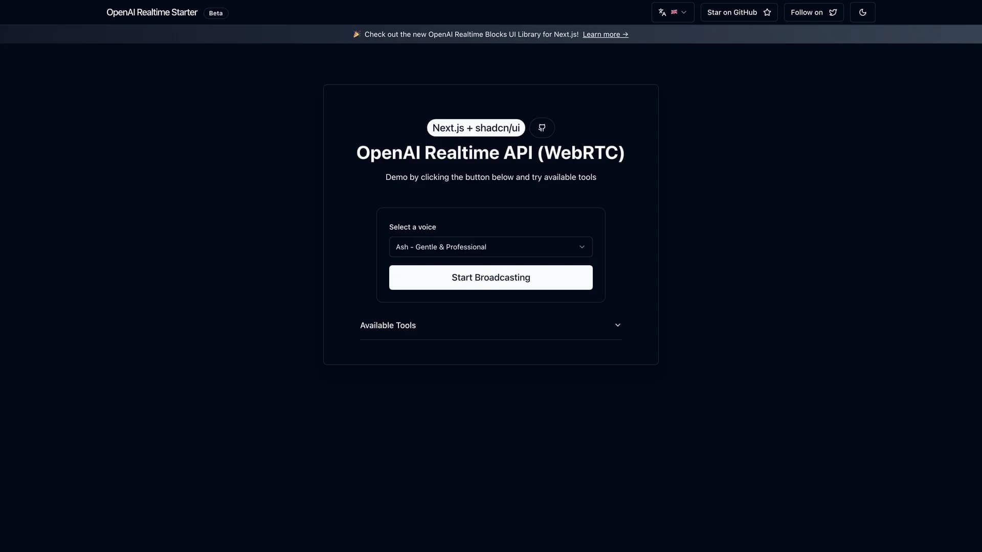 OpenAI Realtime API Next.js - shadcn/ui template screenshot showing the main interface