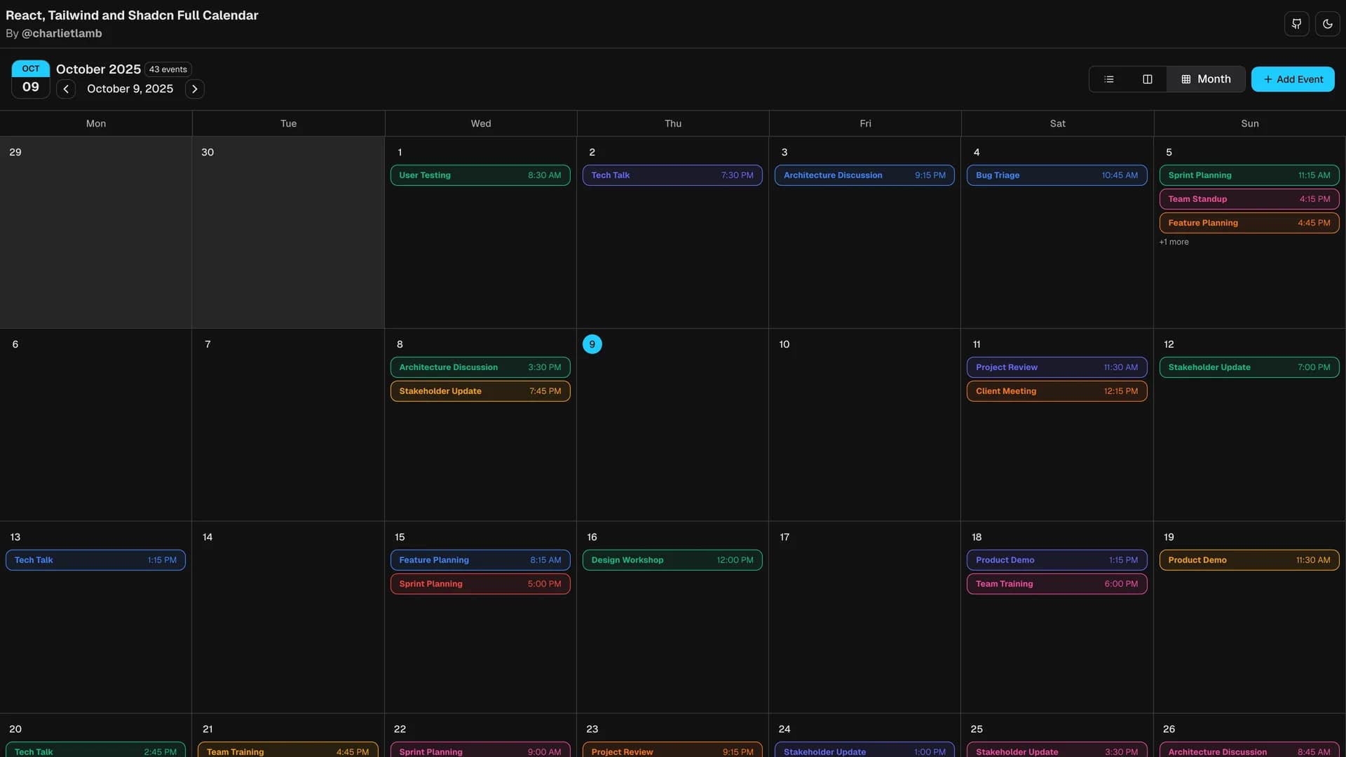 Calendar - shadcn/ui template screenshot showing the main interface