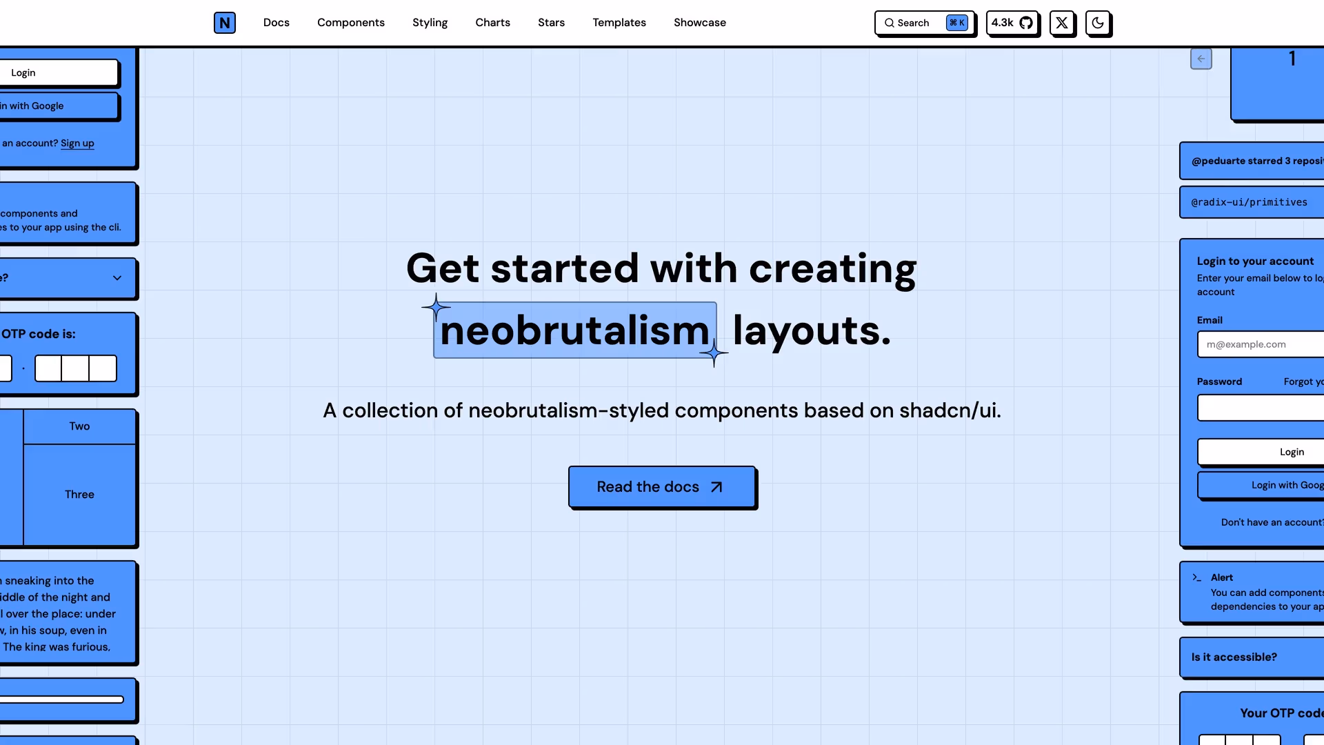 Neobrutalism Components - shadcn/ui template screenshot showing the main interface