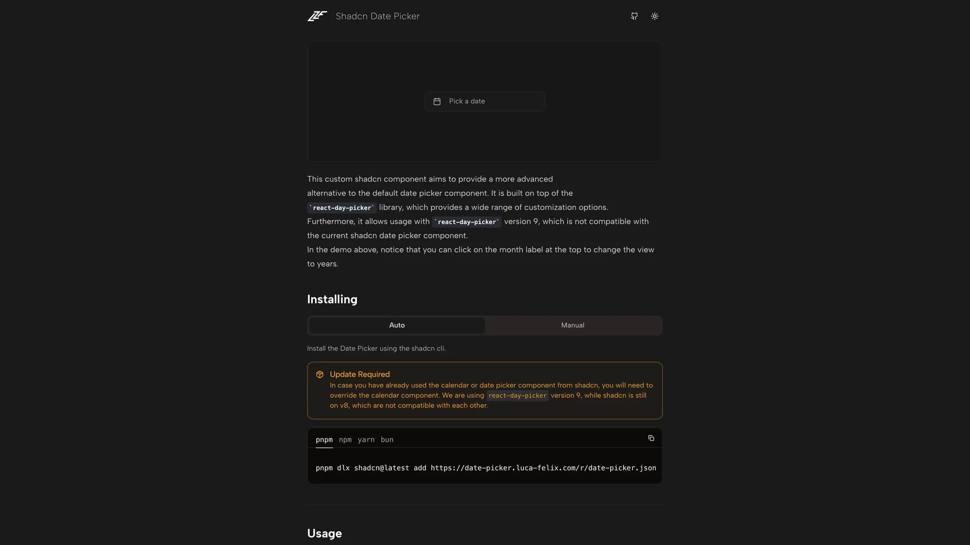 Shadcn Date Picker - shadcn/ui template screenshot showing the main interface
