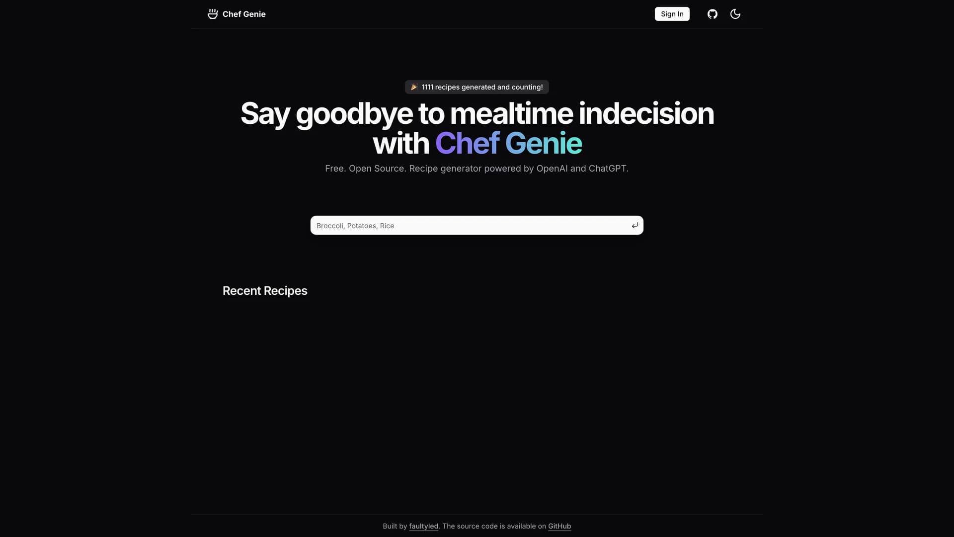 Chef Genie - shadcn/ui template screenshot showing the main interface