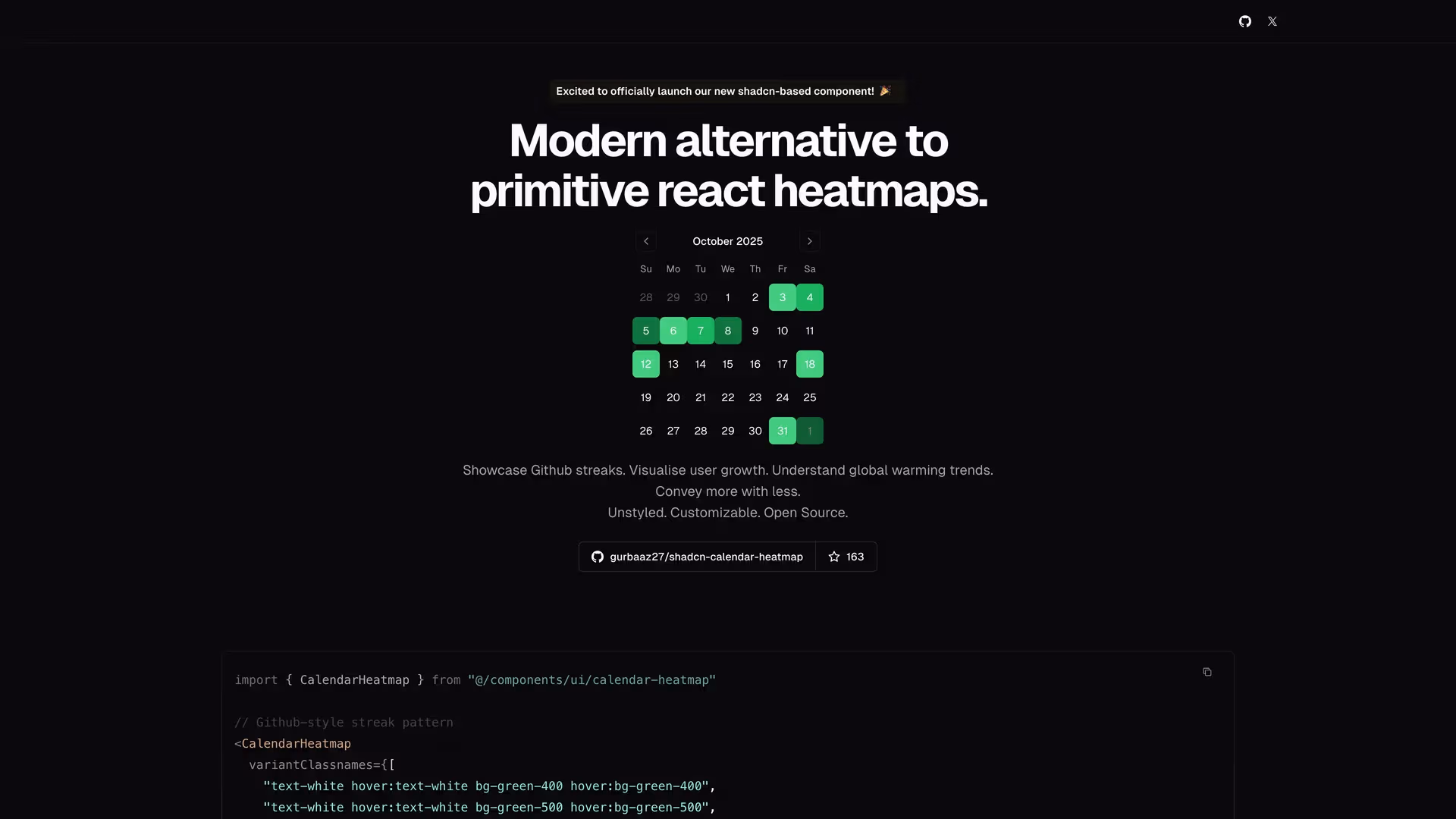 Shadcn Calendar Heatmap - shadcn/ui template screenshot showing the main interface