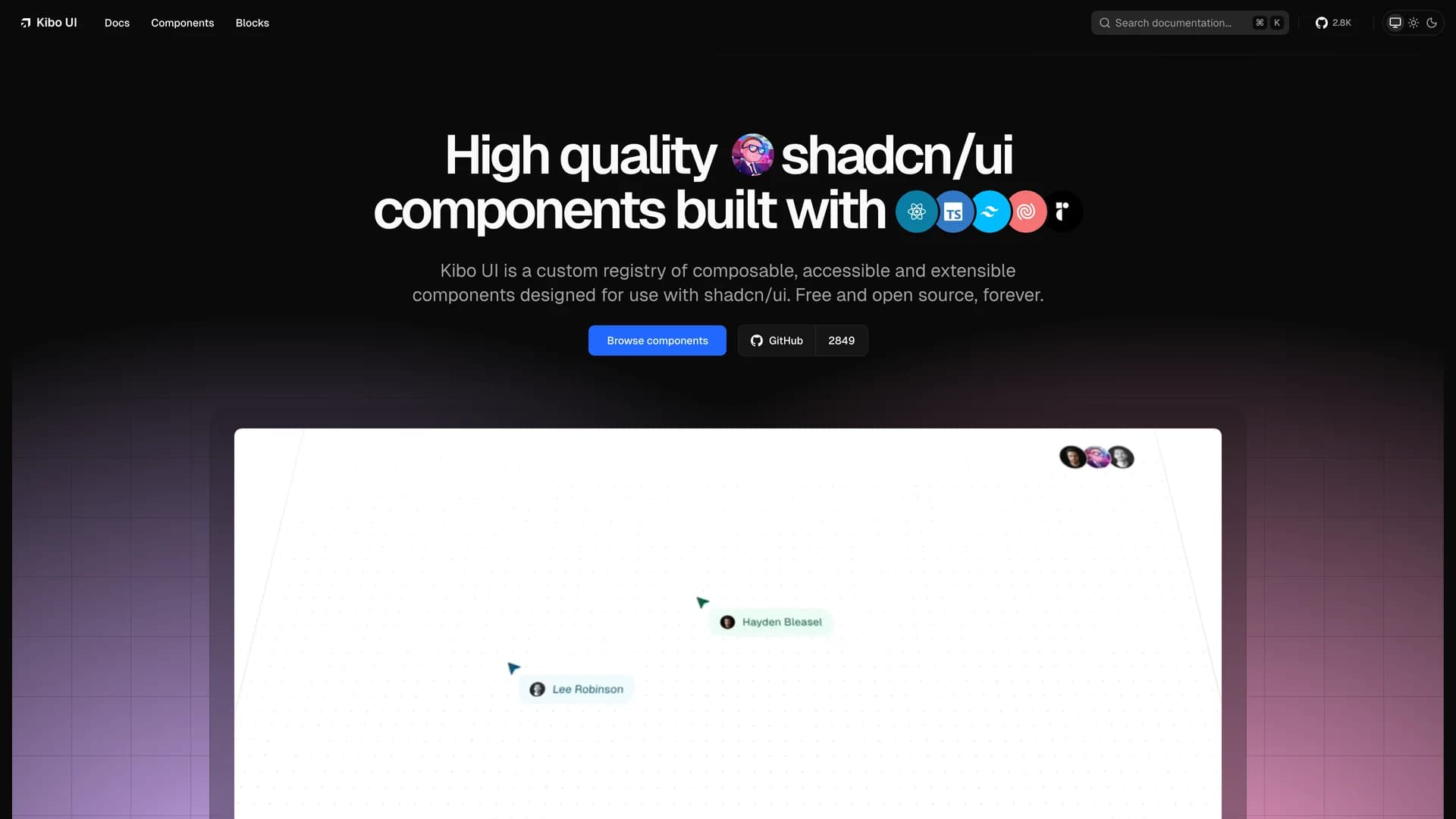 Kibo UI - shadcn/ui template screenshot showing the main interface