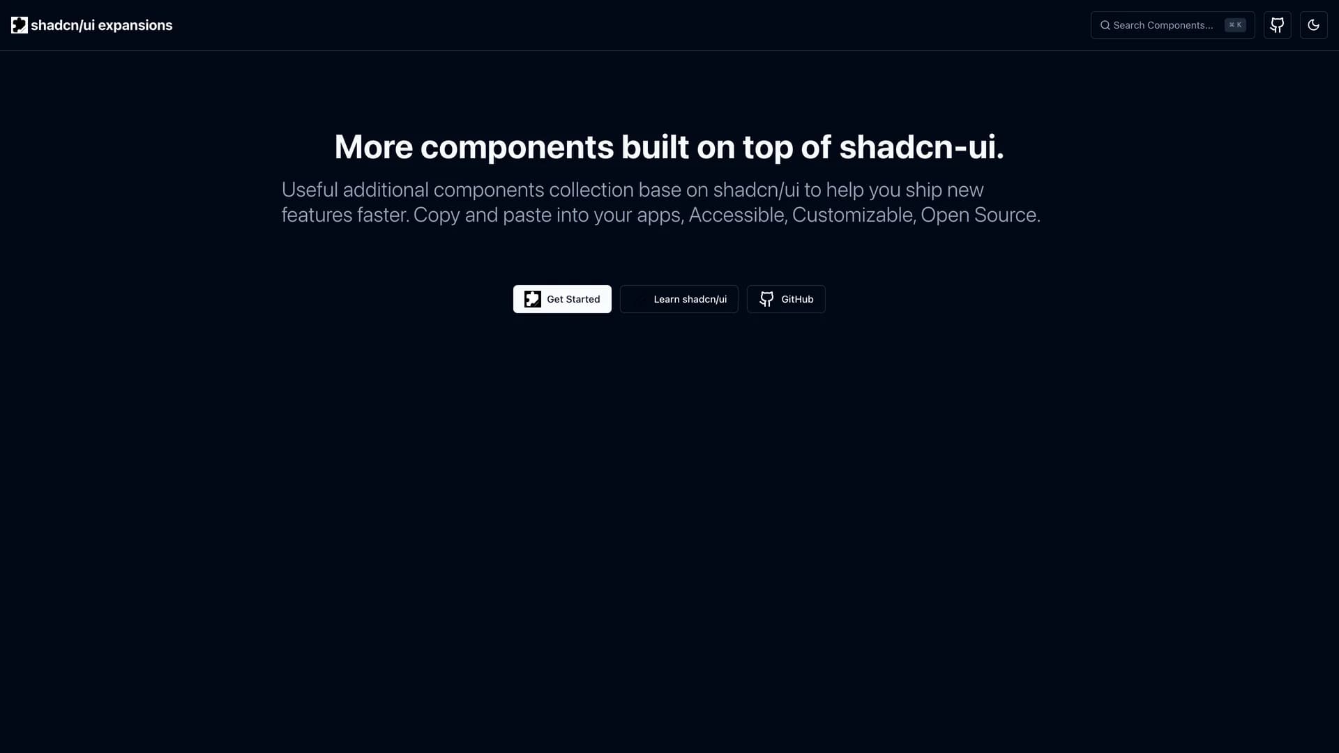 Shadcn UI Expansions - shadcn/ui template screenshot showing the main interface