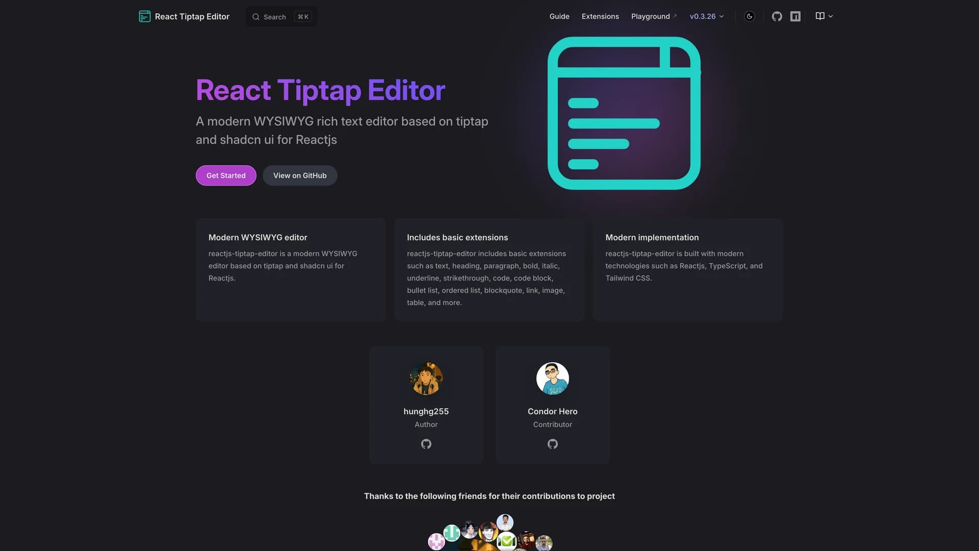 Reactjs Tiptap Editor - shadcn/ui template screenshot showing the main interface