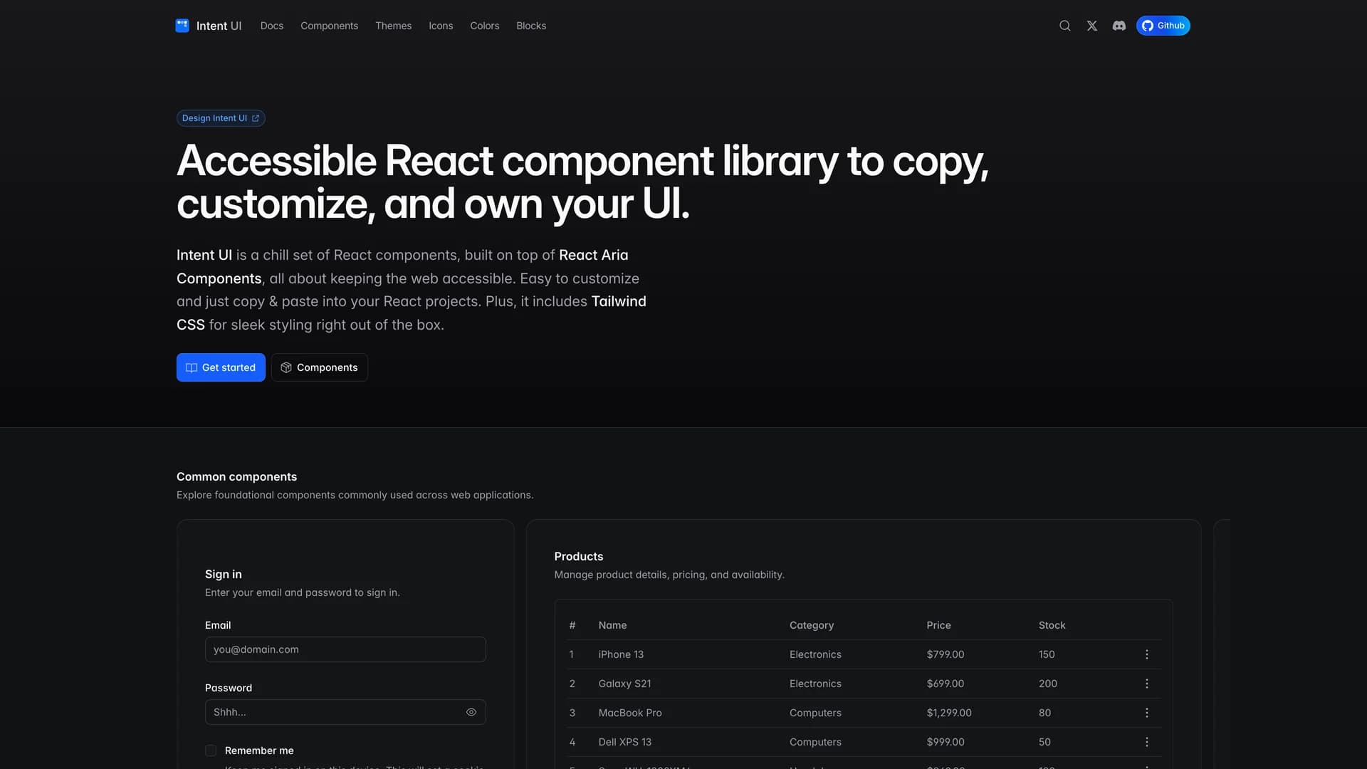 Intent UI - shadcn/ui template screenshot showing the main interface