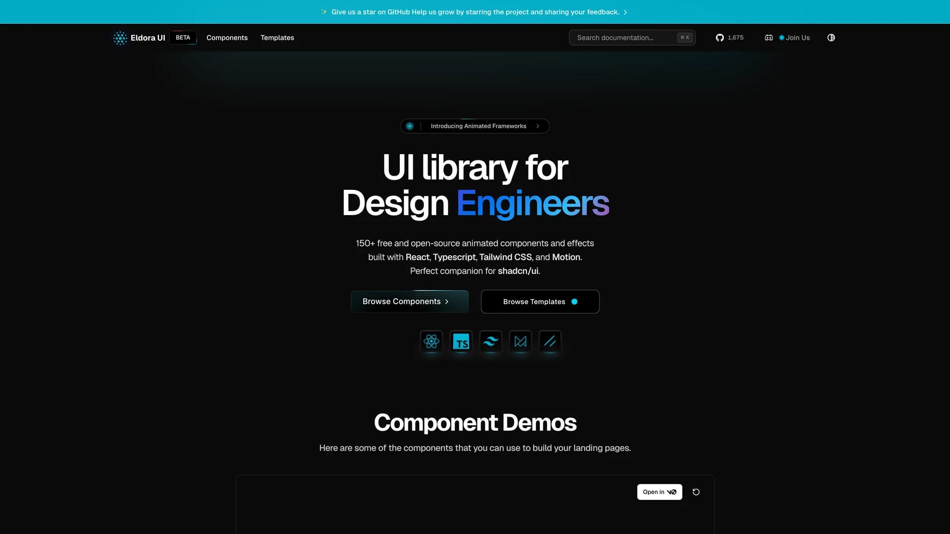 Eldora UI - shadcn/ui template screenshot showing the main interface