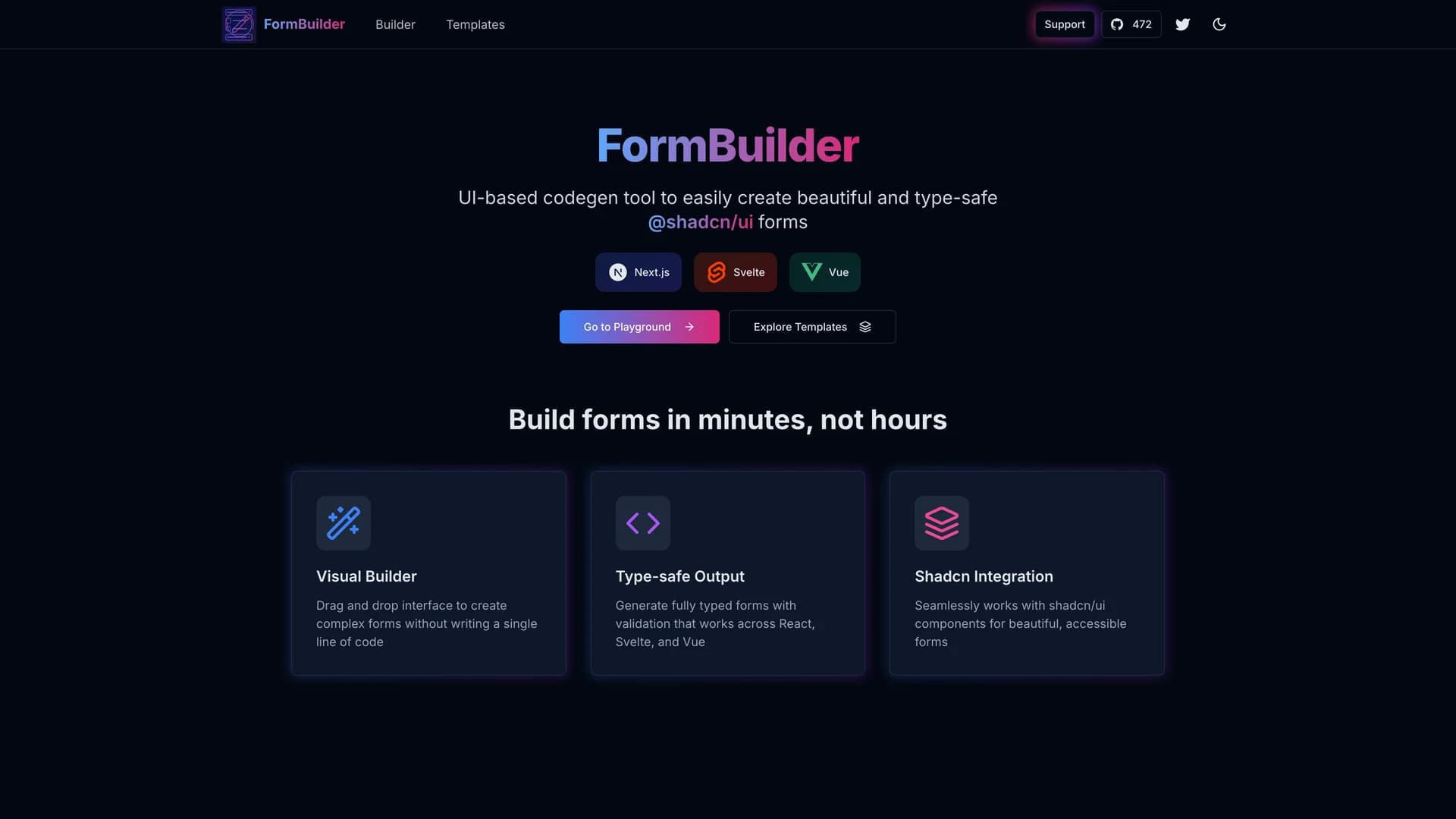 FormBuilder - shadcn/ui template screenshot showing the main interface