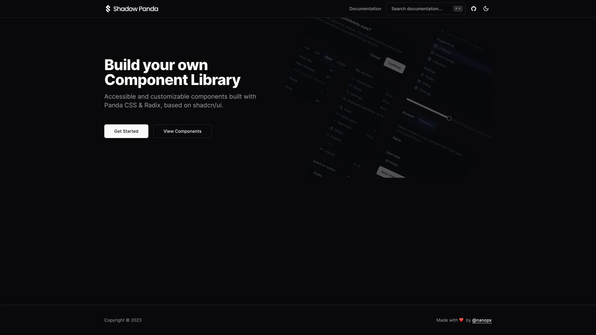 Shadow Panda - shadcn/ui template screenshot showing the main interface