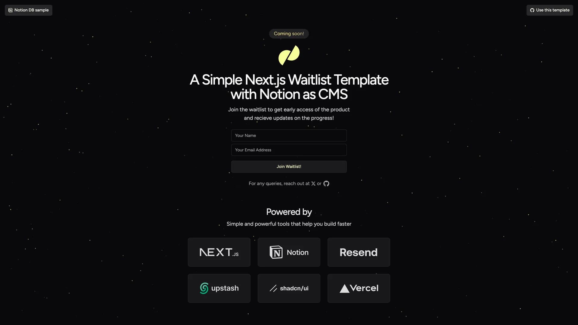 Next.js Notion Waitlist Template - shadcn/ui template screenshot showing the main interface