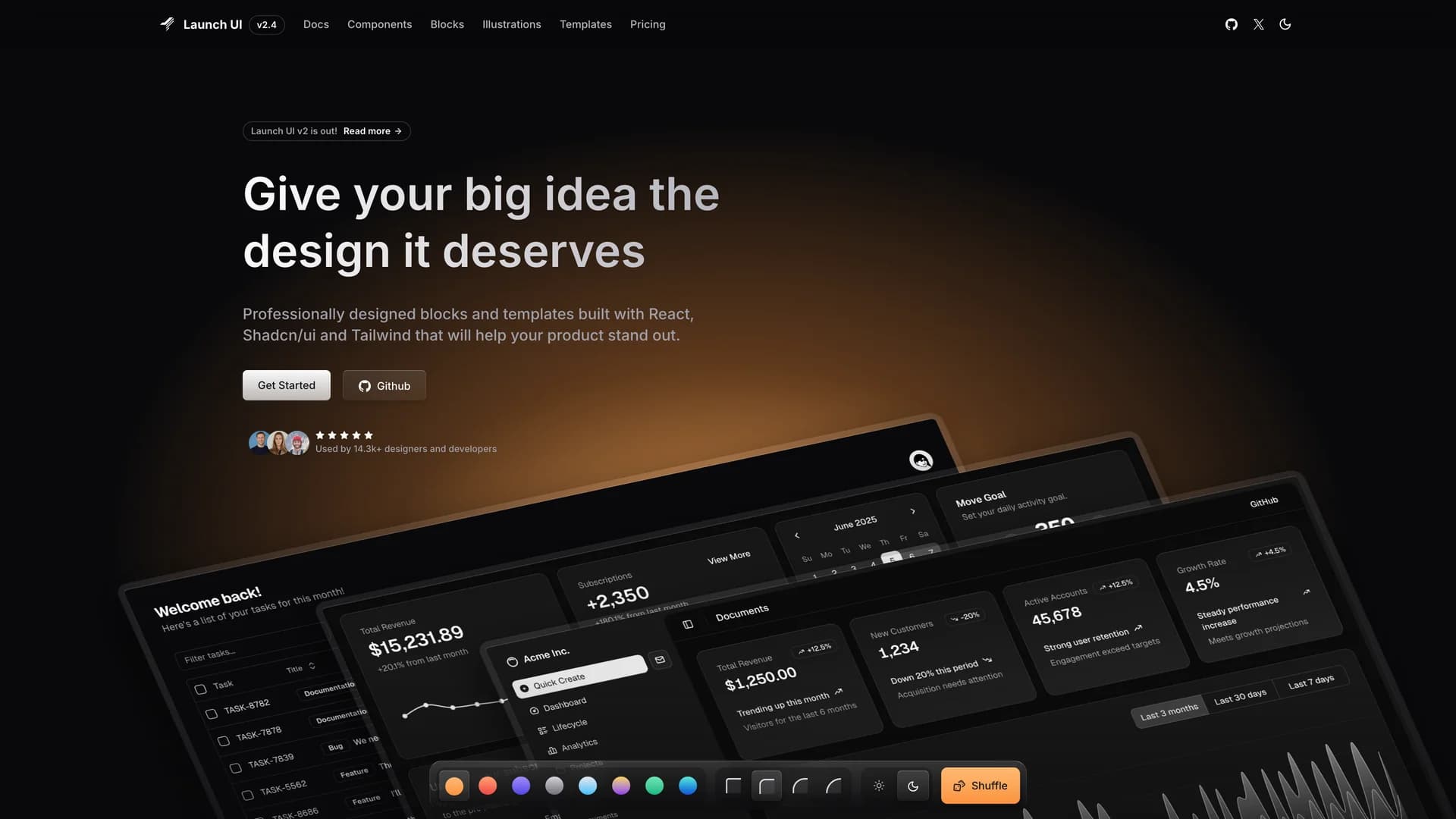 Launch UI - shadcn/ui template screenshot showing the main interface