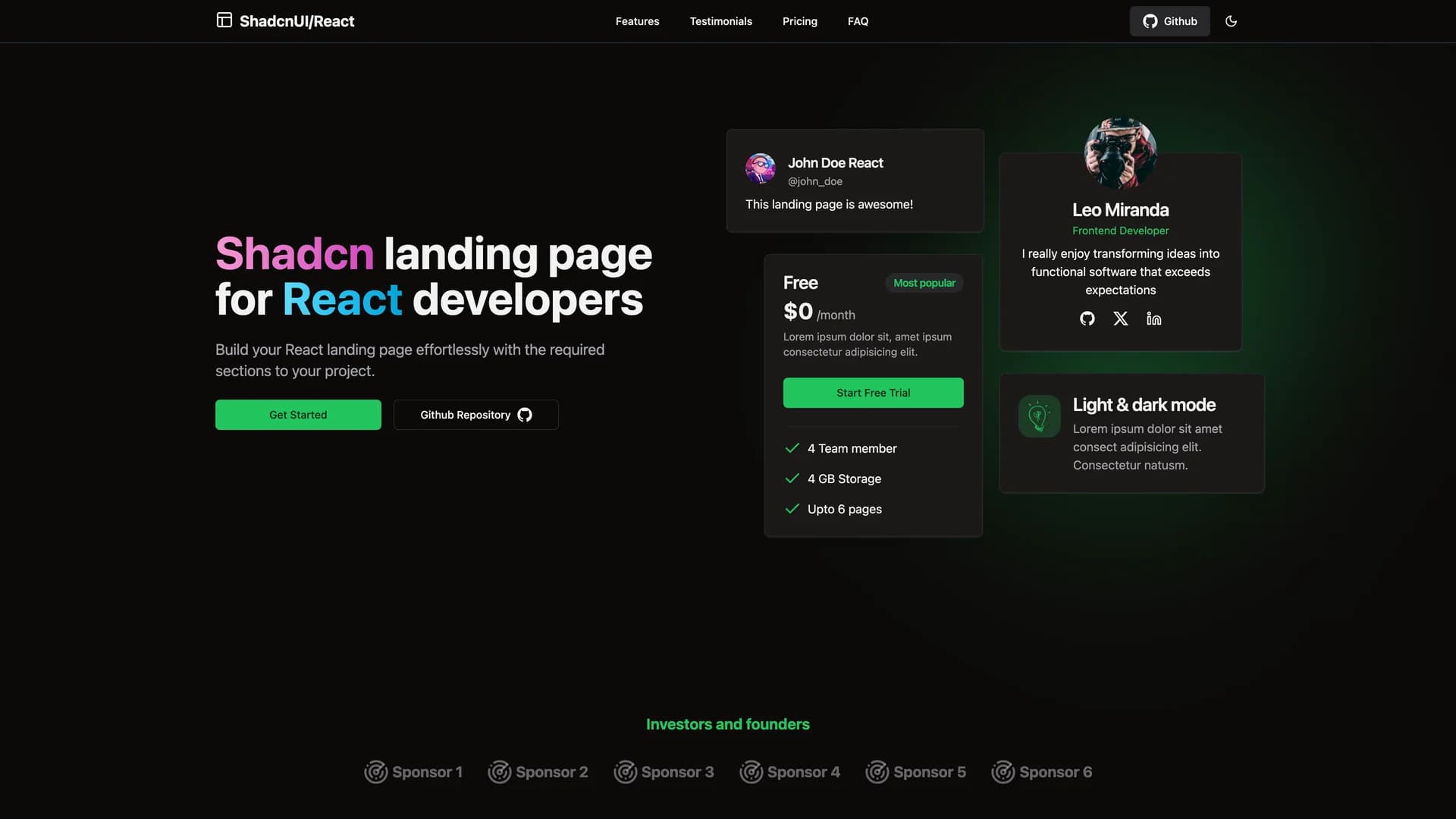Shadcn Landing Page - shadcn/ui template screenshot showing the main interface