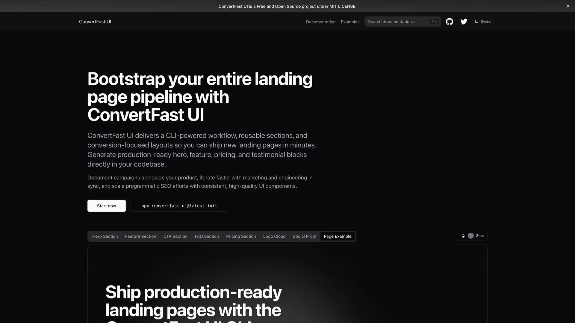 Convertfast UI - shadcn/ui template screenshot showing the main interface