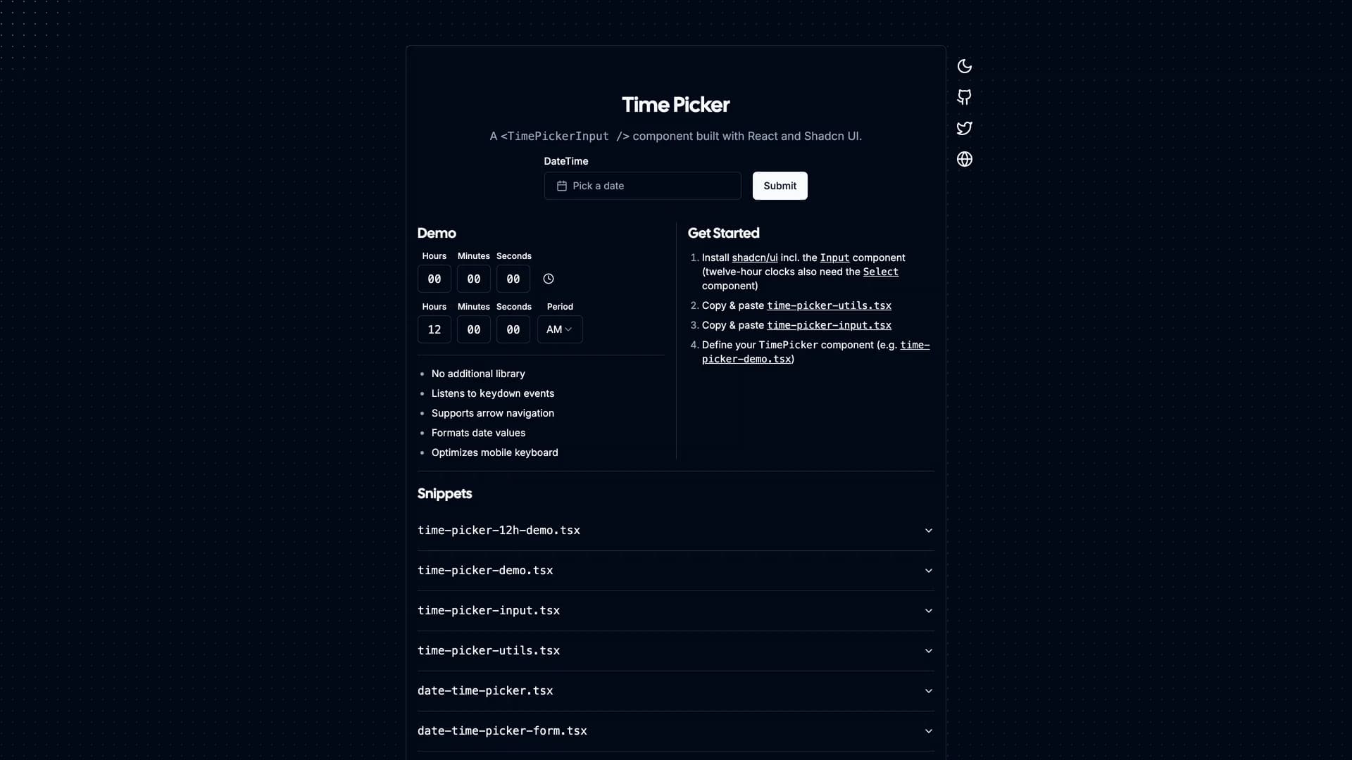 Time Picker - shadcn/ui template screenshot showing the main interface