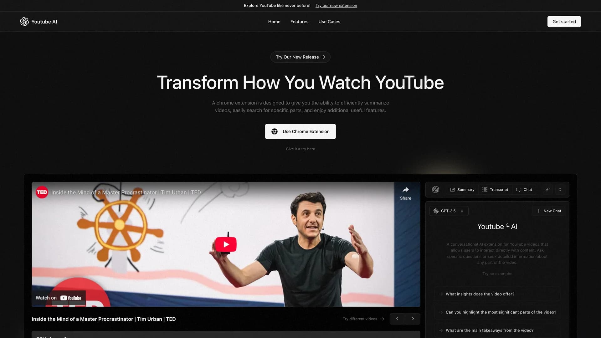 YouTube AI Extension - shadcn/ui template screenshot showing the main interface