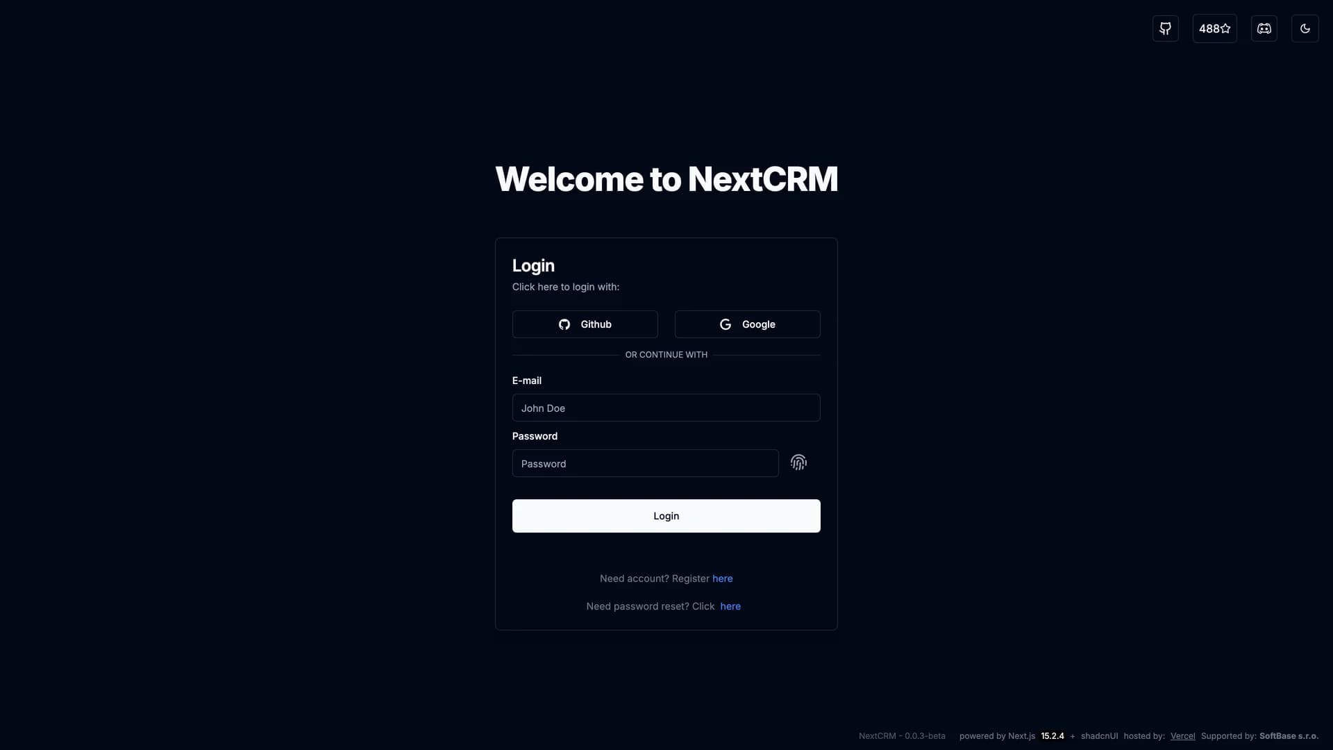NextCRM - shadcn/ui template screenshot showing the main interface