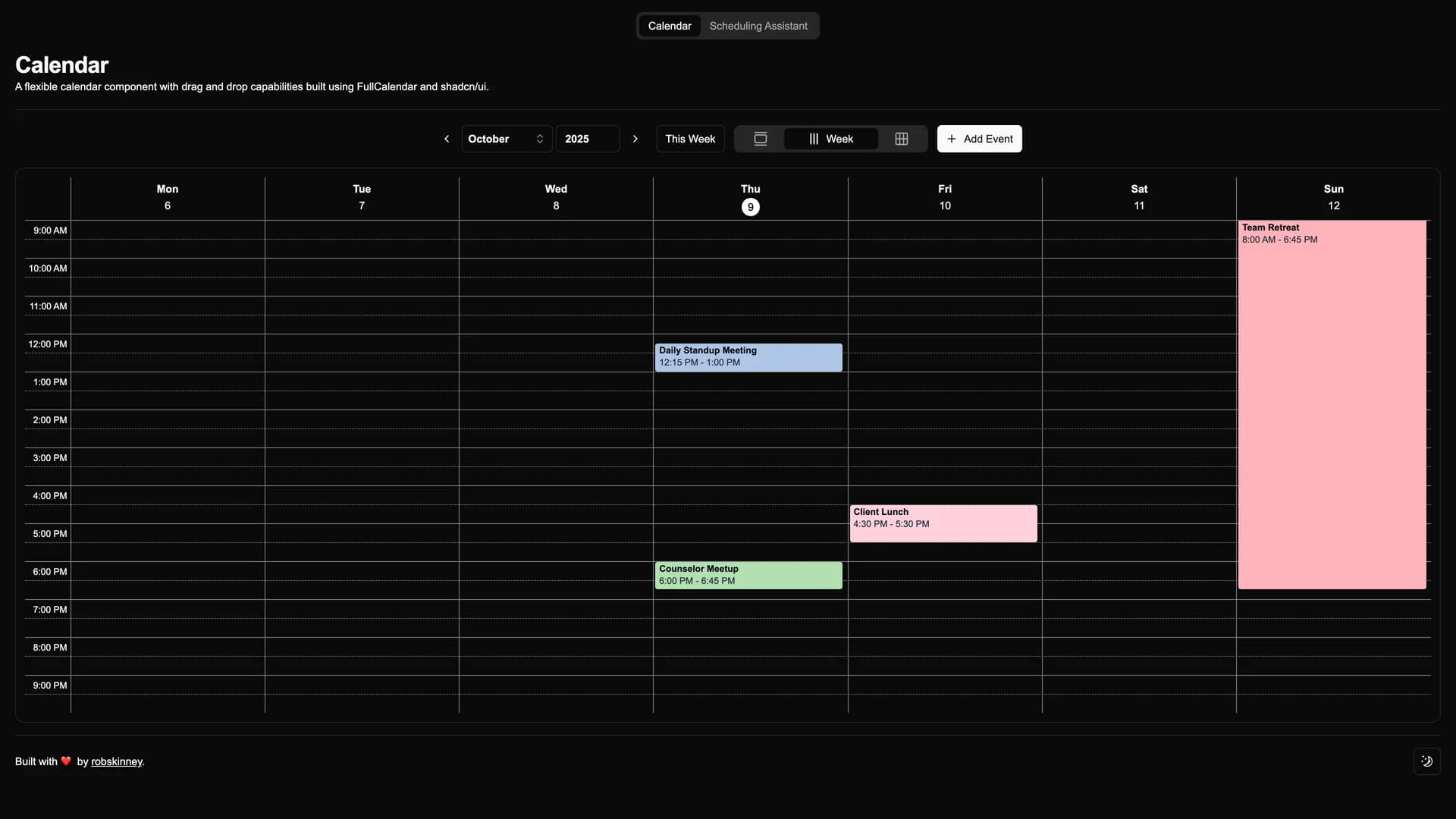 Shadcn UI FullCalendar Example - shadcn/ui template screenshot showing the main interface
