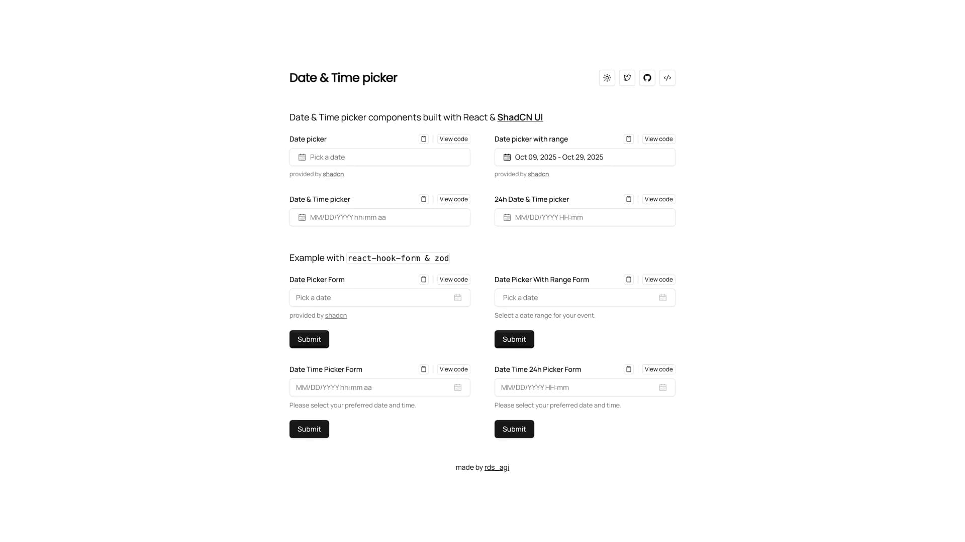 Shadcn Date Time Picker - shadcn/ui template screenshot showing the main interface
