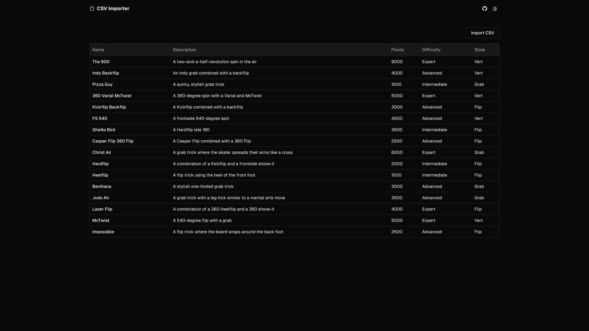 CSV Importer template preview
