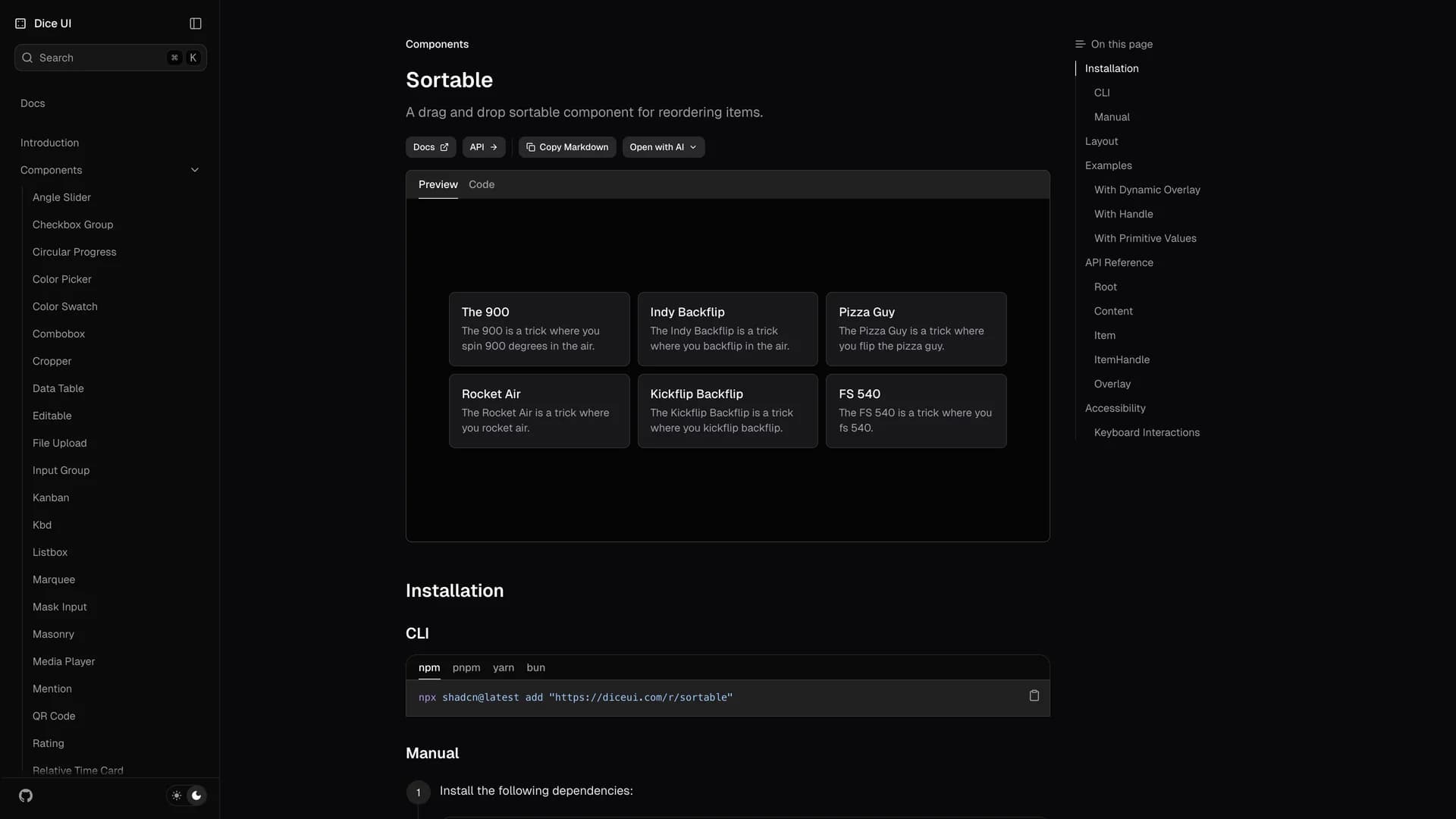 Sortable - shadcn/ui template screenshot showing the main interface