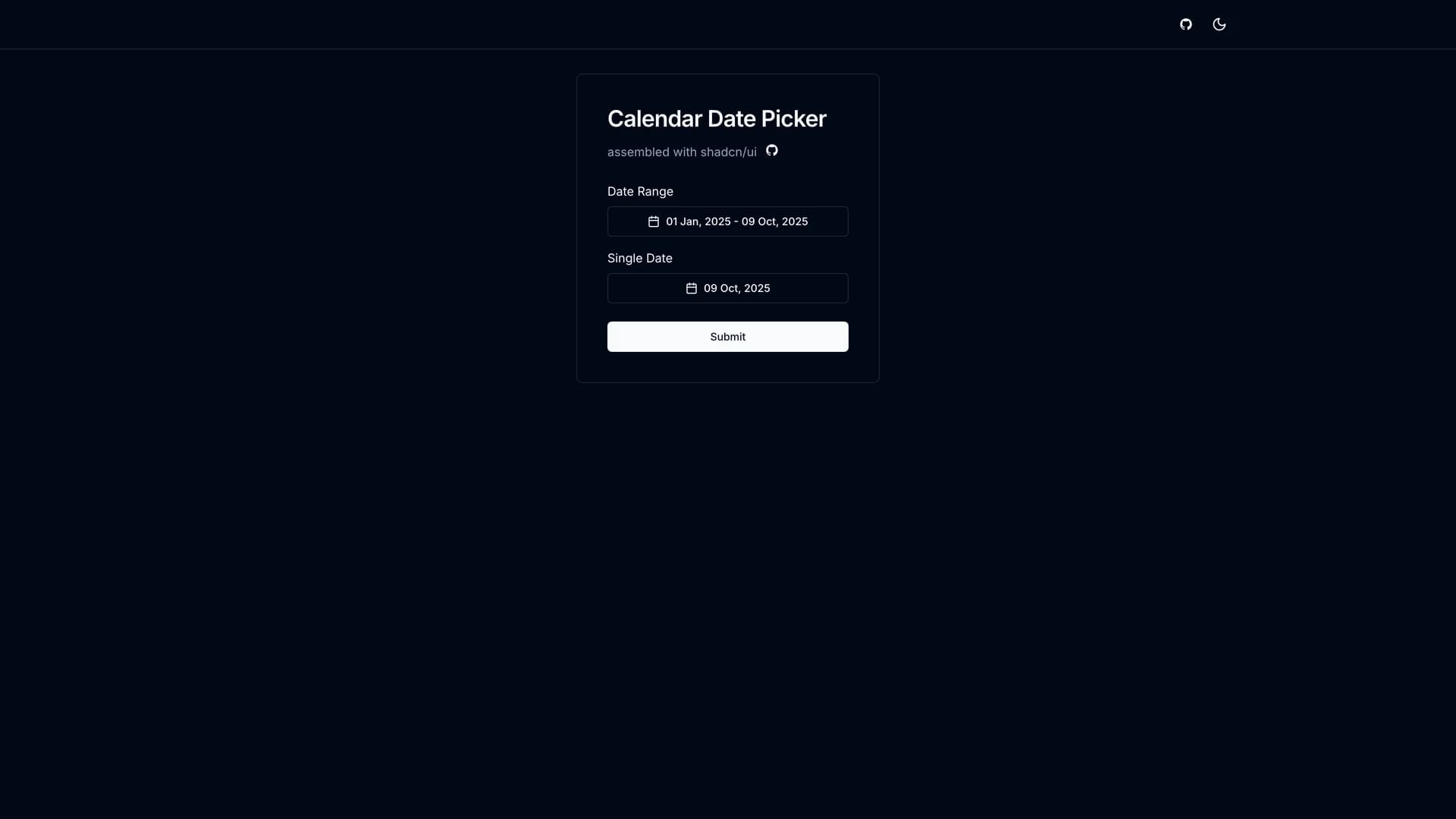 Shadcn Calendar Component - shadcn/ui template screenshot showing the main interface