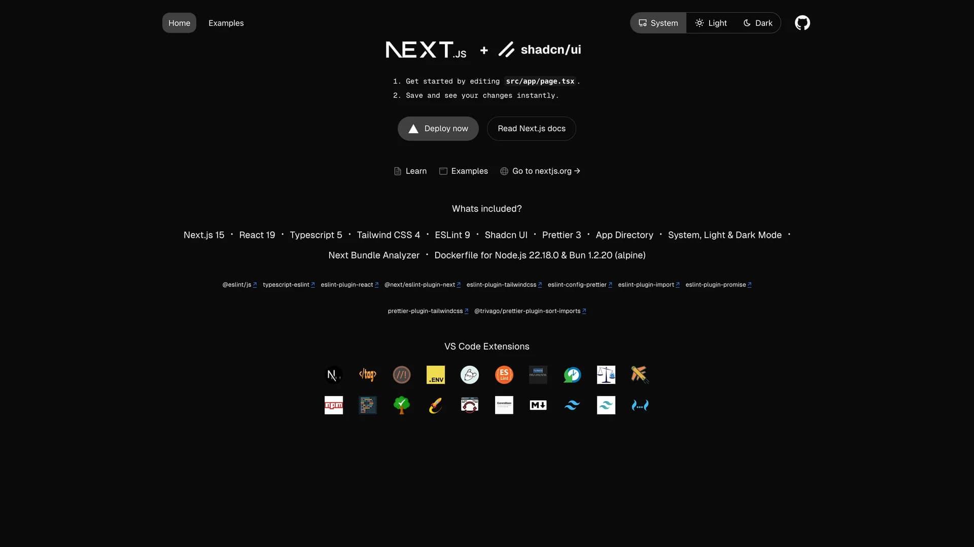 Next.js 15 Starter Shadcn - shadcn/ui template screenshot showing the main interface