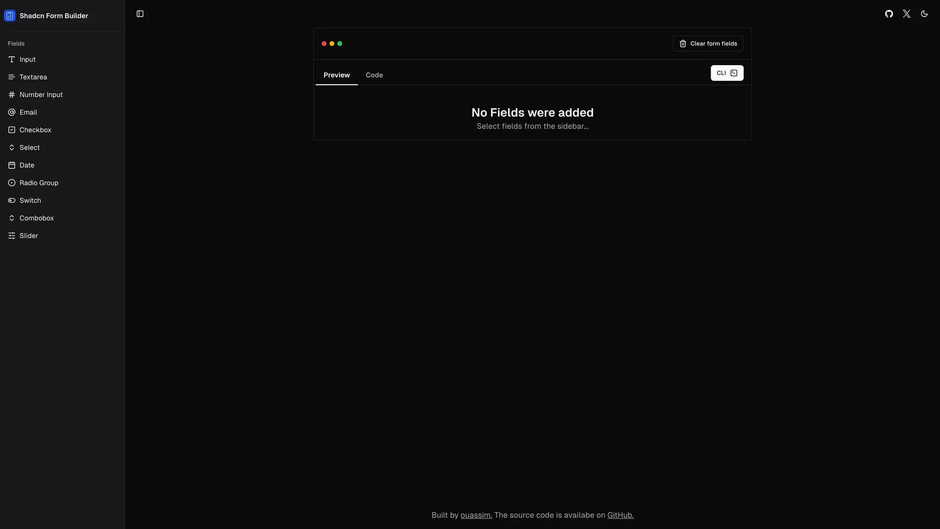 Shadcn UI Form Builder - shadcn/ui template screenshot showing the main interface