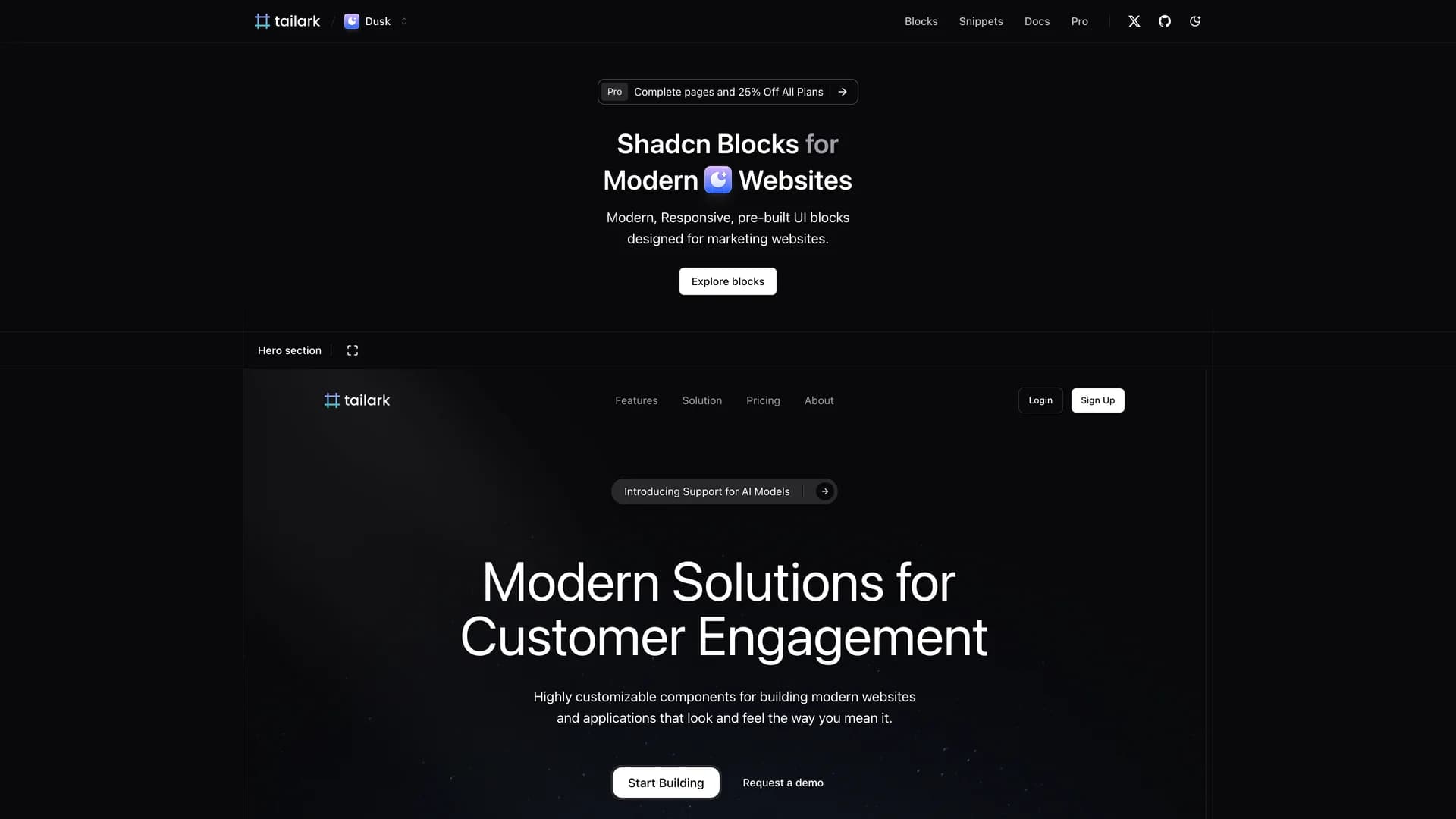 Tailark Blocks - shadcn/ui template screenshot showing the main interface