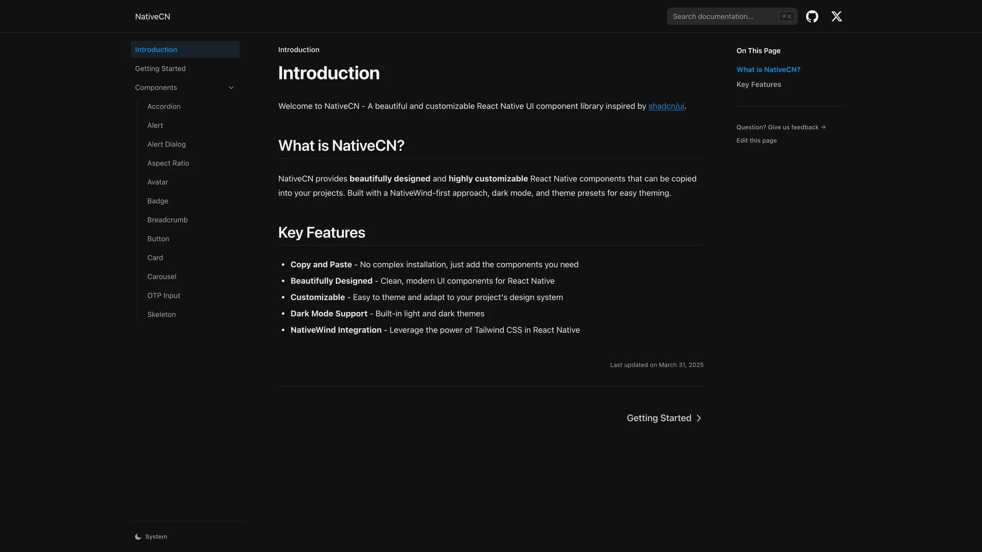 NativeCN - shadcn/ui template screenshot showing the main interface