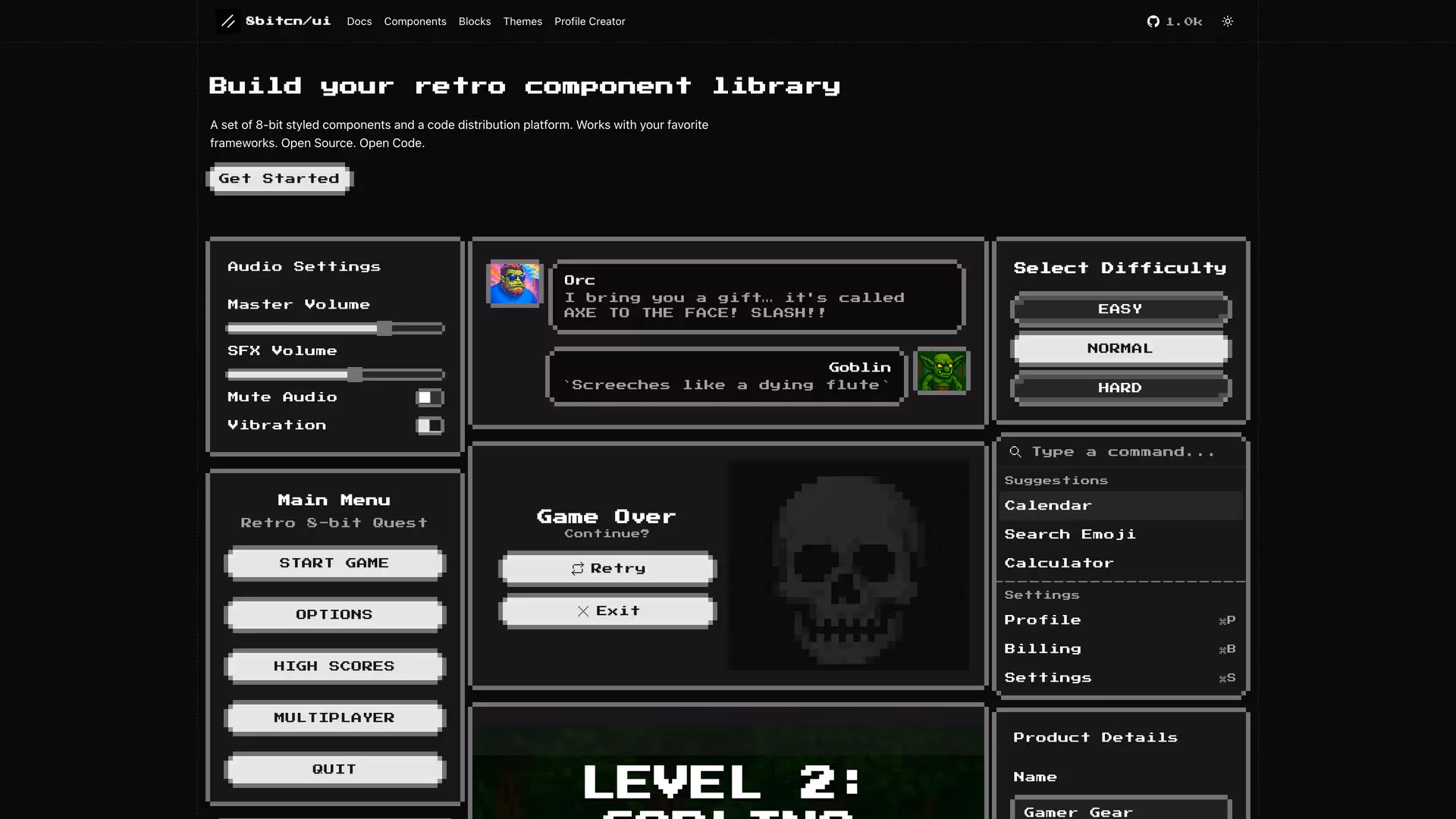 8bitcn UI - shadcn/ui template screenshot showing the main interface