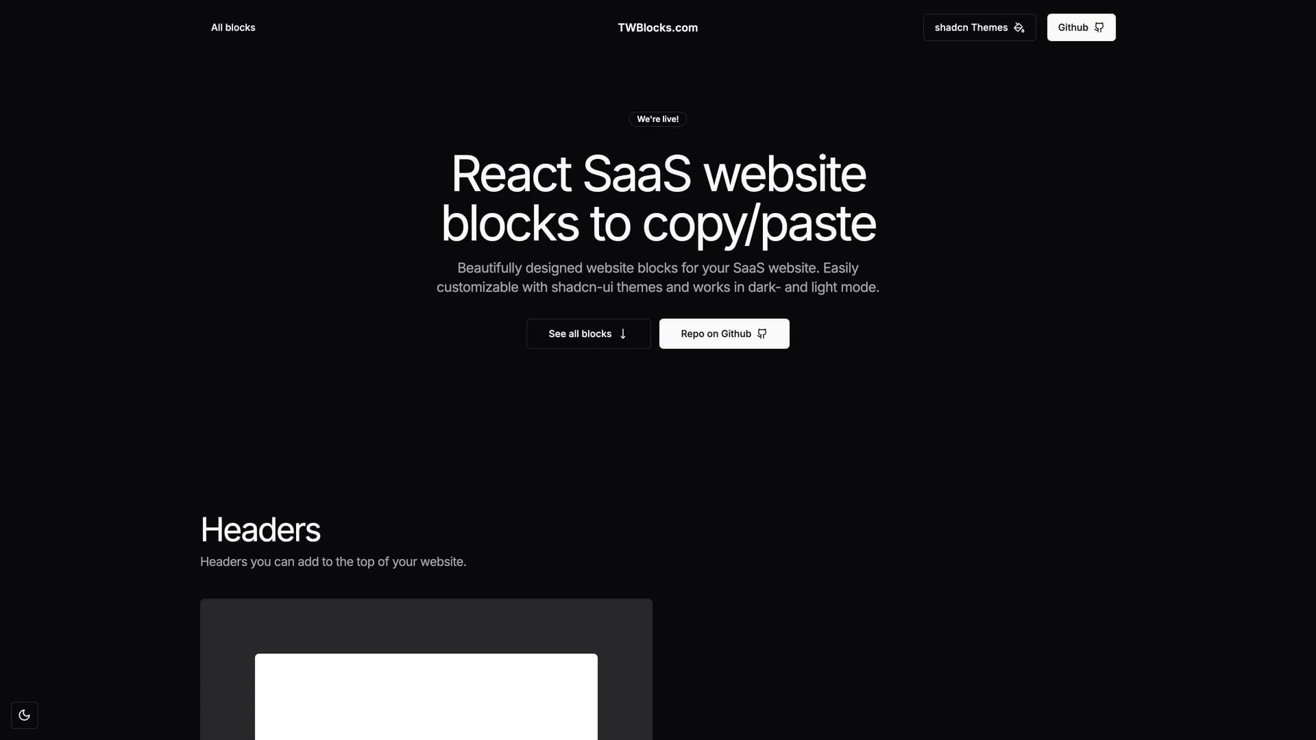 TWBlocks - shadcn/ui template screenshot showing the main interface