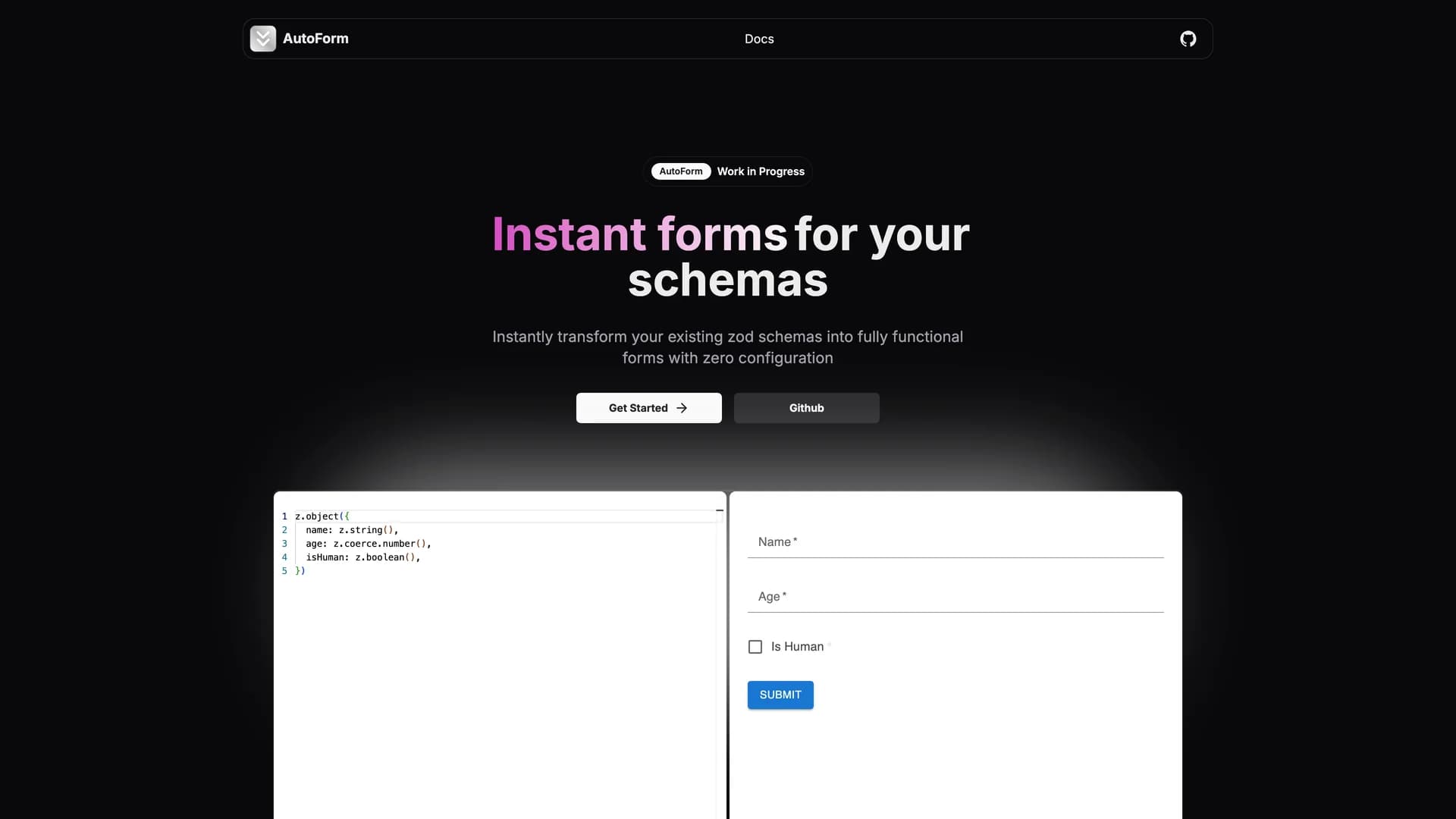 AutoForm - shadcn/ui template screenshot showing the main interface